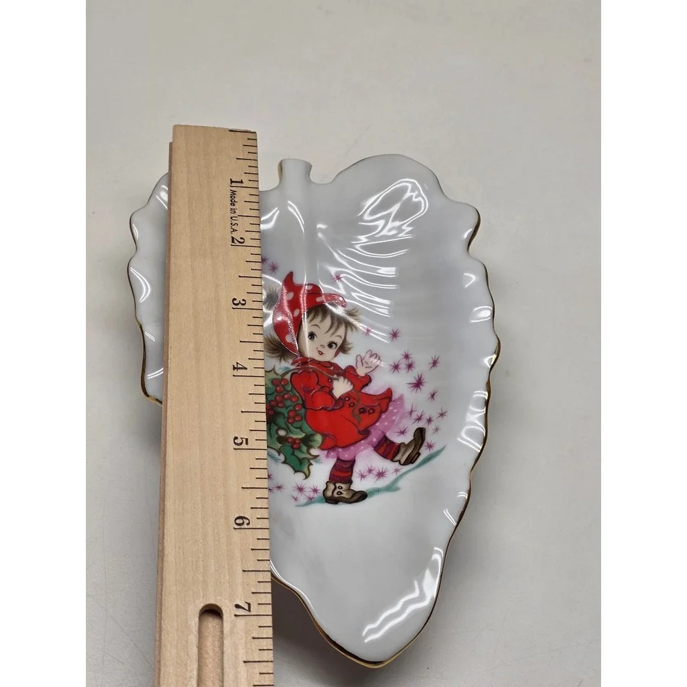 Vintage Lefton China Christmas Leaf Dish Hand Painted Girl Holly 443P Japan Gold